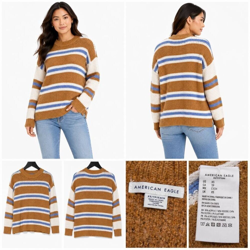 American Eagle Striped Knit Sweater Brown Blue XS